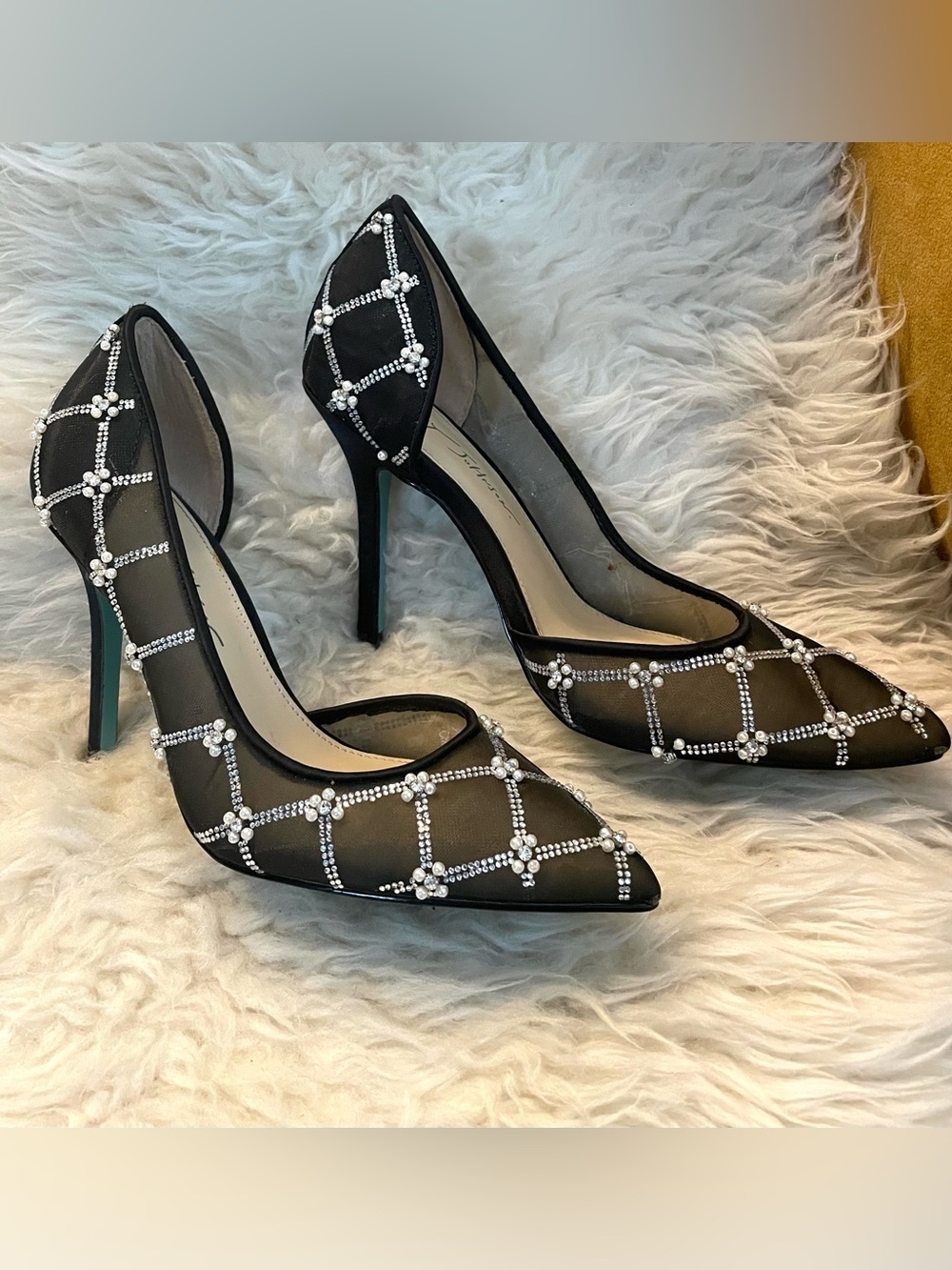 Betsey Johnson Cruze Stiletto Pumps Black Mesh Rhinestones & Pearls 7.5